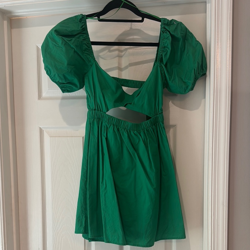 Green Puff Sleeve Cutout Dress